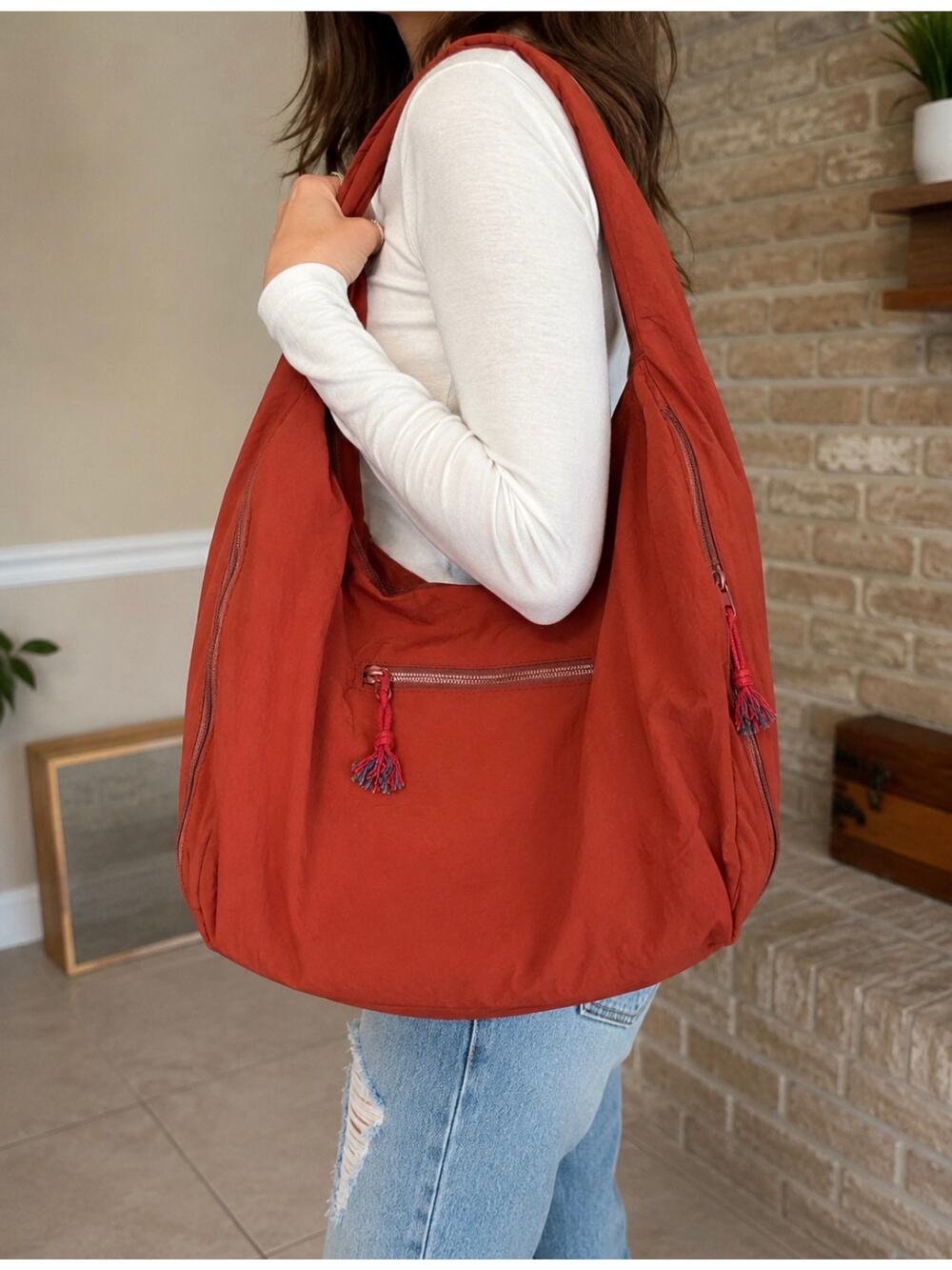 Rust Orange Oversized Nylon Travel Tote Gym Yoga Overnight Weekender Bag